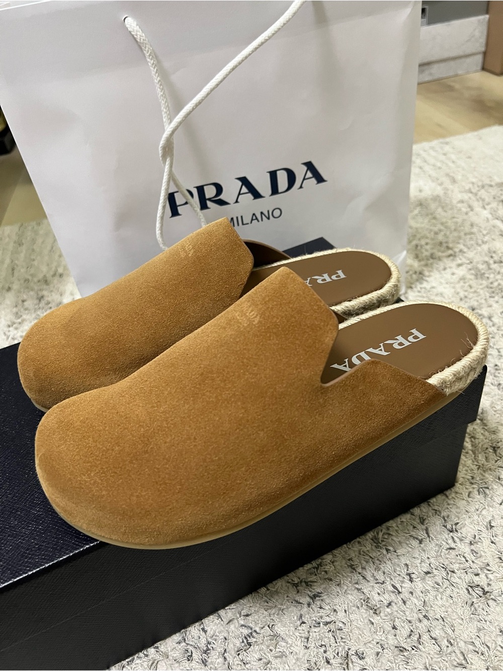 Prada Men's Suede Slip-On Mules in Cognac Brown